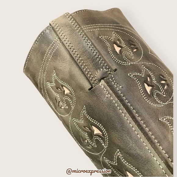 VINTAGE 1980 Frye Austin Sage Green Real Leather Floral Embroidered Cowboy Boot - Picture 10 of 14